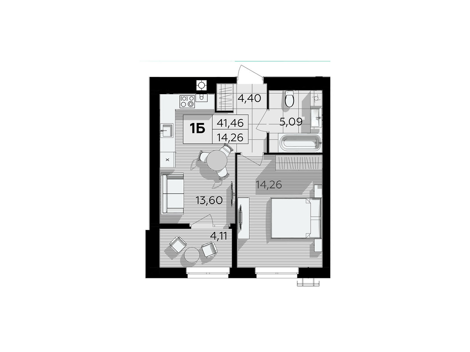 1 КІМ. КВАРТИРА, ПЛОЩА - 41.46 м², ЦІНА - 37 729 $
, Немирівське шосе