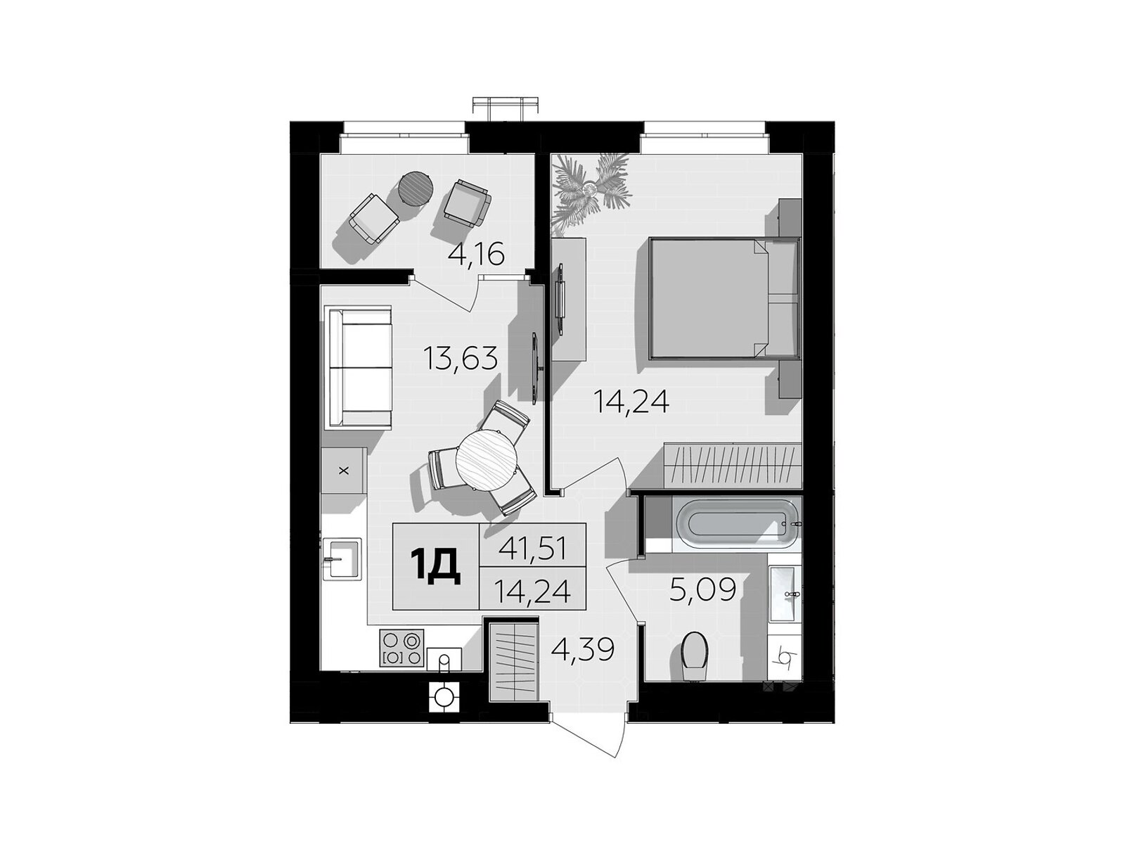 Обʼєкт нерухомості: 1 КІМ. КВАРТИРА, ПЛОЩА - 41.51 м², ЦІНА - 37 774 $
, Немирівське шосе — HUBTRUST, Вінниця