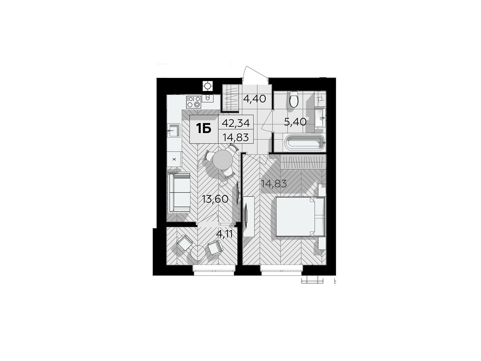 1 КІМ. КВАРТИРА, ПЛОЩА - 42.34 м², ЦІНА - 37 894 $
, Немирівське шосе