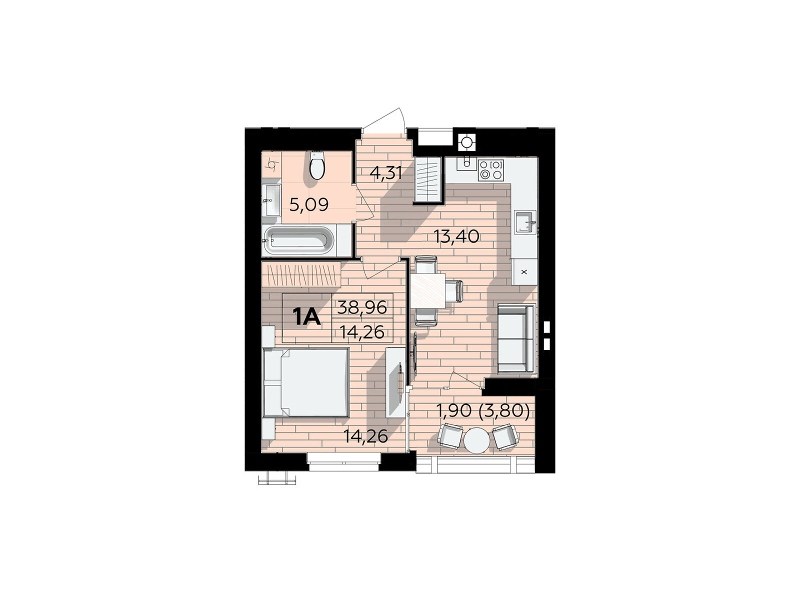 1 КІМ. КВАРТИРА, ПЛОЩА - 38.96 м², ЦІНА - 36 233 $
, Немирівське шосе