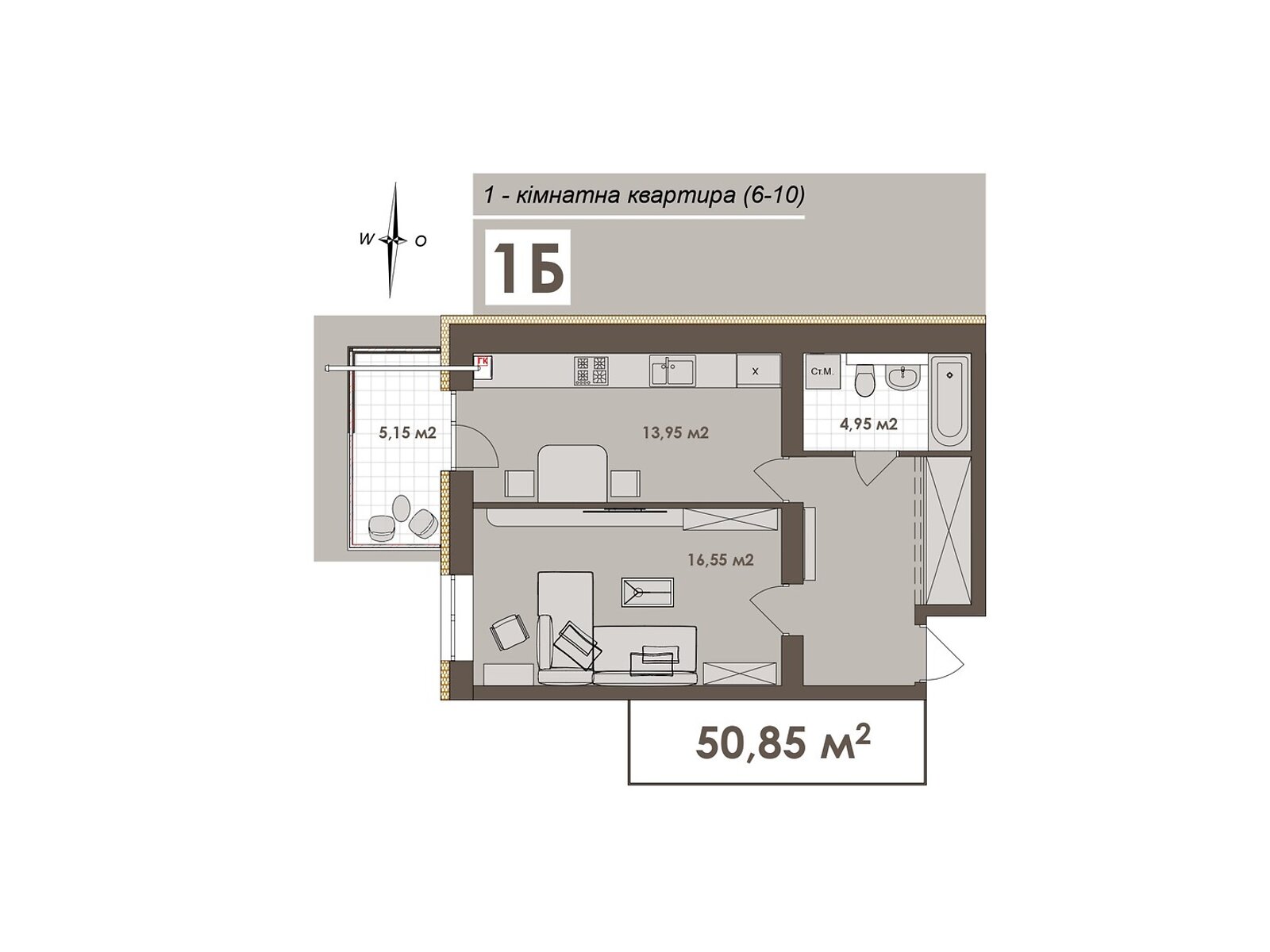 1 КІМ. КВАРТИРА, ПЛОЩА - 50.85 м², ЦІНА - 44 748 $
, вул. Стрілецька