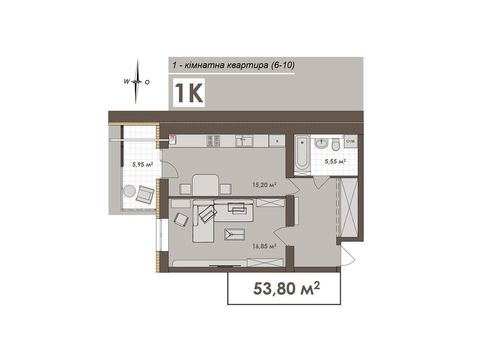 1 КІМ. КВАРТИРА, ПЛОЩА - 53.8 м², ЦІНА - 45 730 $
, вул. Стрілецька