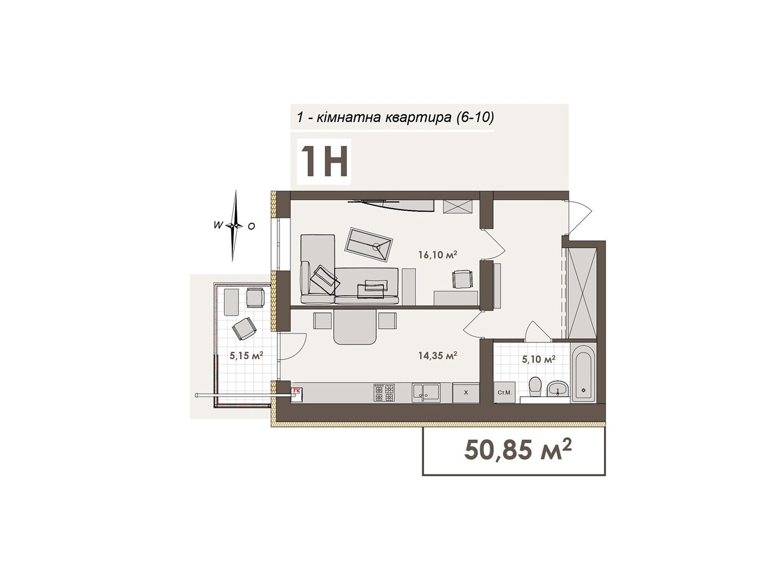 1 КІМ. КВАРТИРА, ПЛОЩА - 50.85 м², ЦІНА - 43 222 $
, вул. Стрілецька