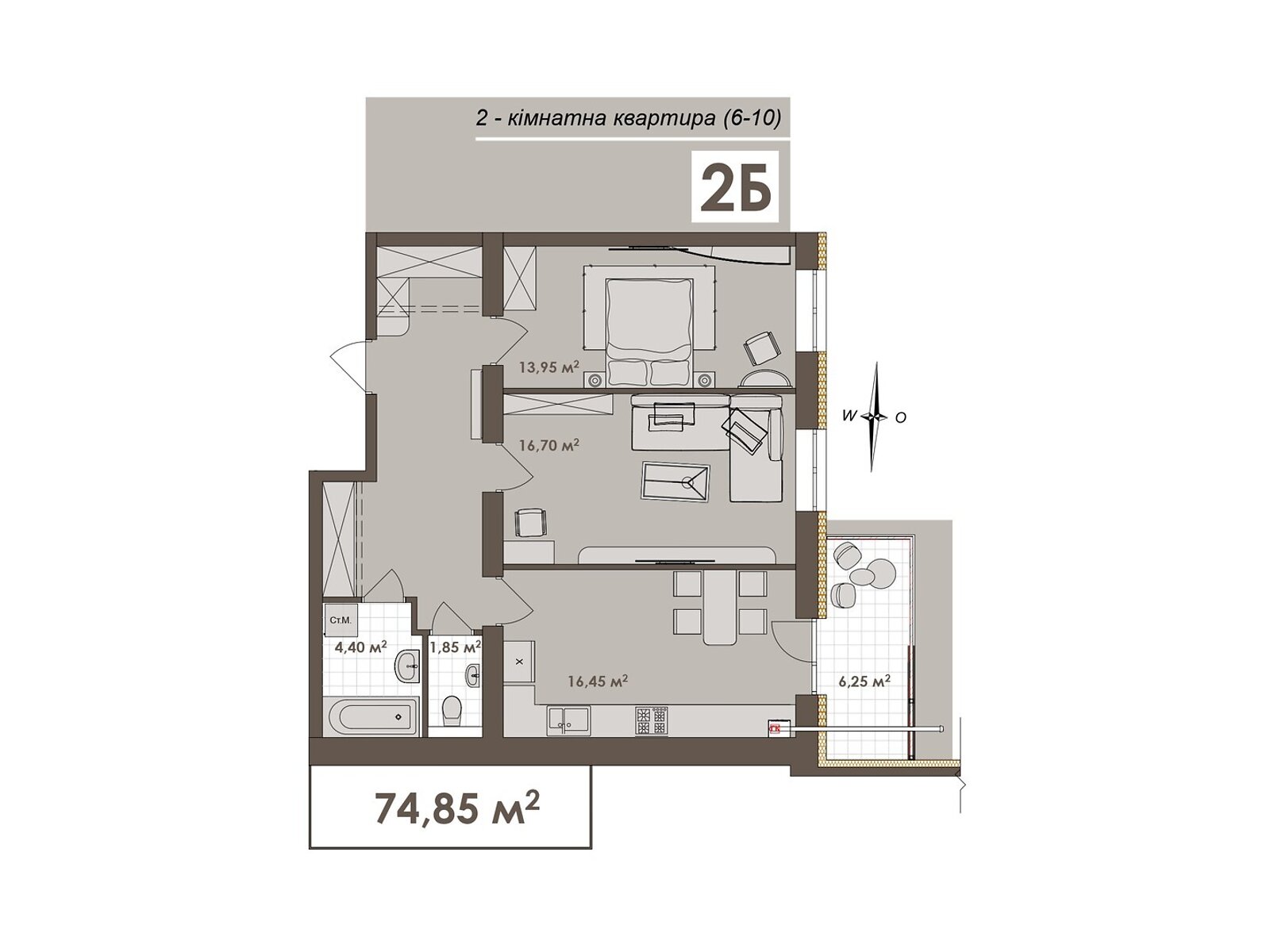 2 КІМ. КВАРТИРА, ПЛОЩА - 74.85 м², ЦІНА - 68 113 $
, вул. Стрілецька